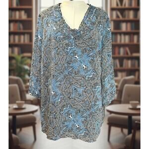 Coldwater Creek Top Shirt Blouse SZ 1X (18) Blue Black Paisley Sheer w/ Lining
